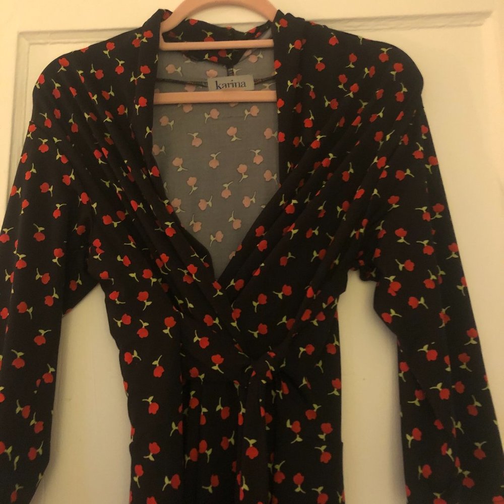 Rose Pattern Dress Plunging Neckline Long Sleeve M